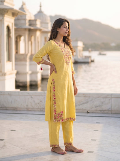 Solid Floral Embroidered Straight Kurta with Palazzo & Dupatta - Yellow