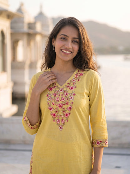 Solid Floral Embroidered Straight Kurta with Palazzo & Dupatta - Yellow