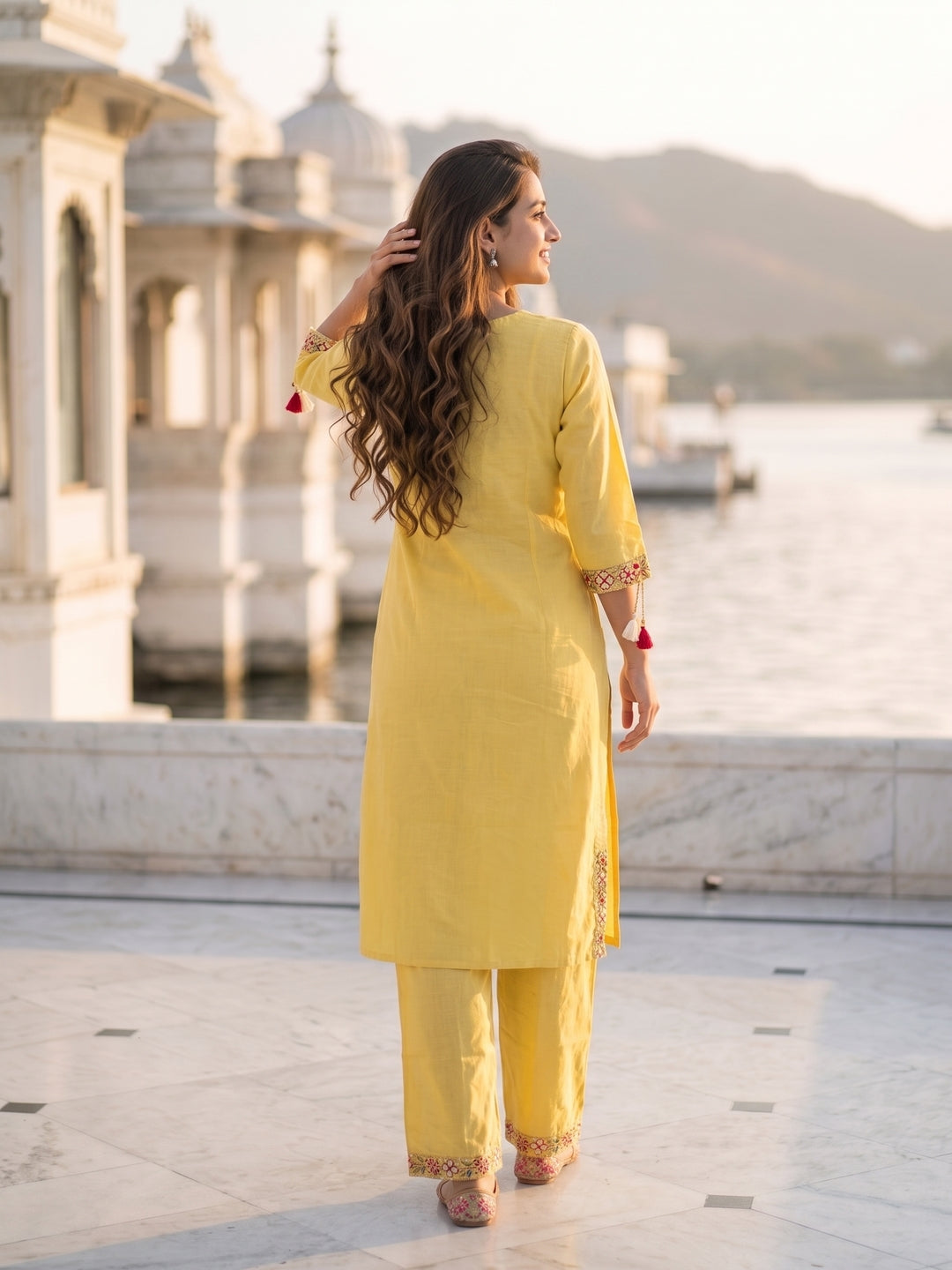 Solid Floral Embroidered Straight Kurta with Palazzo & Dupatta - Yellow