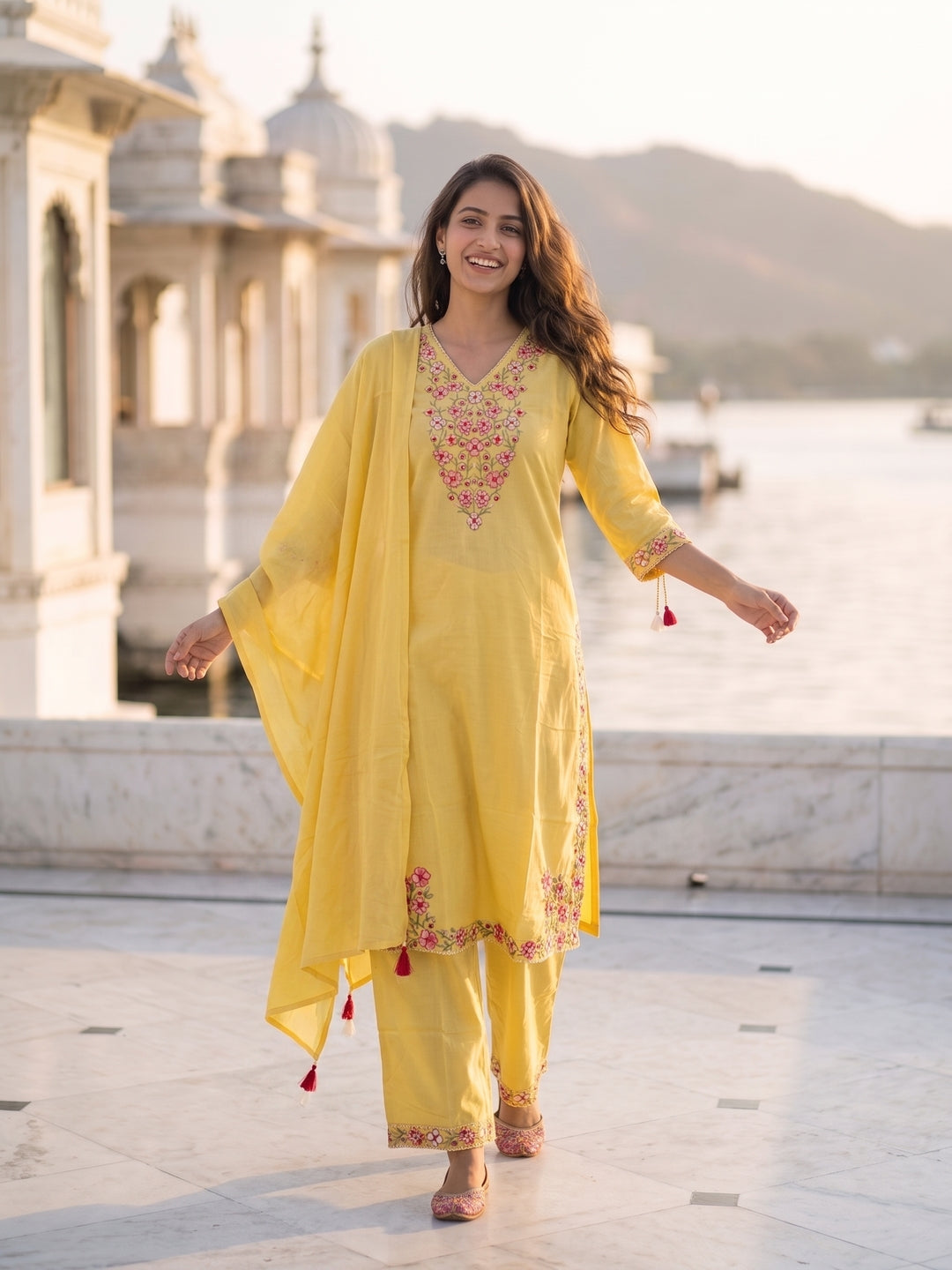 Solid Floral Embroidered Straight Kurta with Palazzo & Dupatta - Yellow
