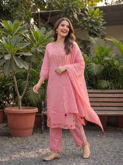 Solid Floral Embroidered Straight Kurta with Palazzo & Dupatta - Pink