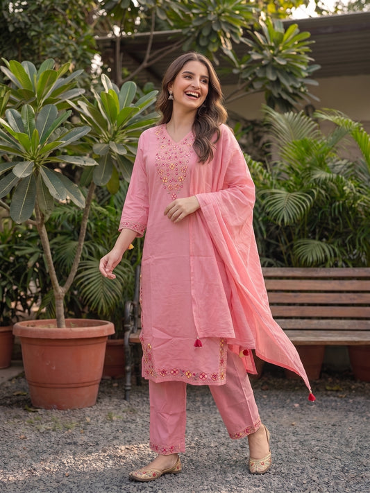 Solid Floral Embroidered Straight Kurta with Palazzo & Dupatta - Pink