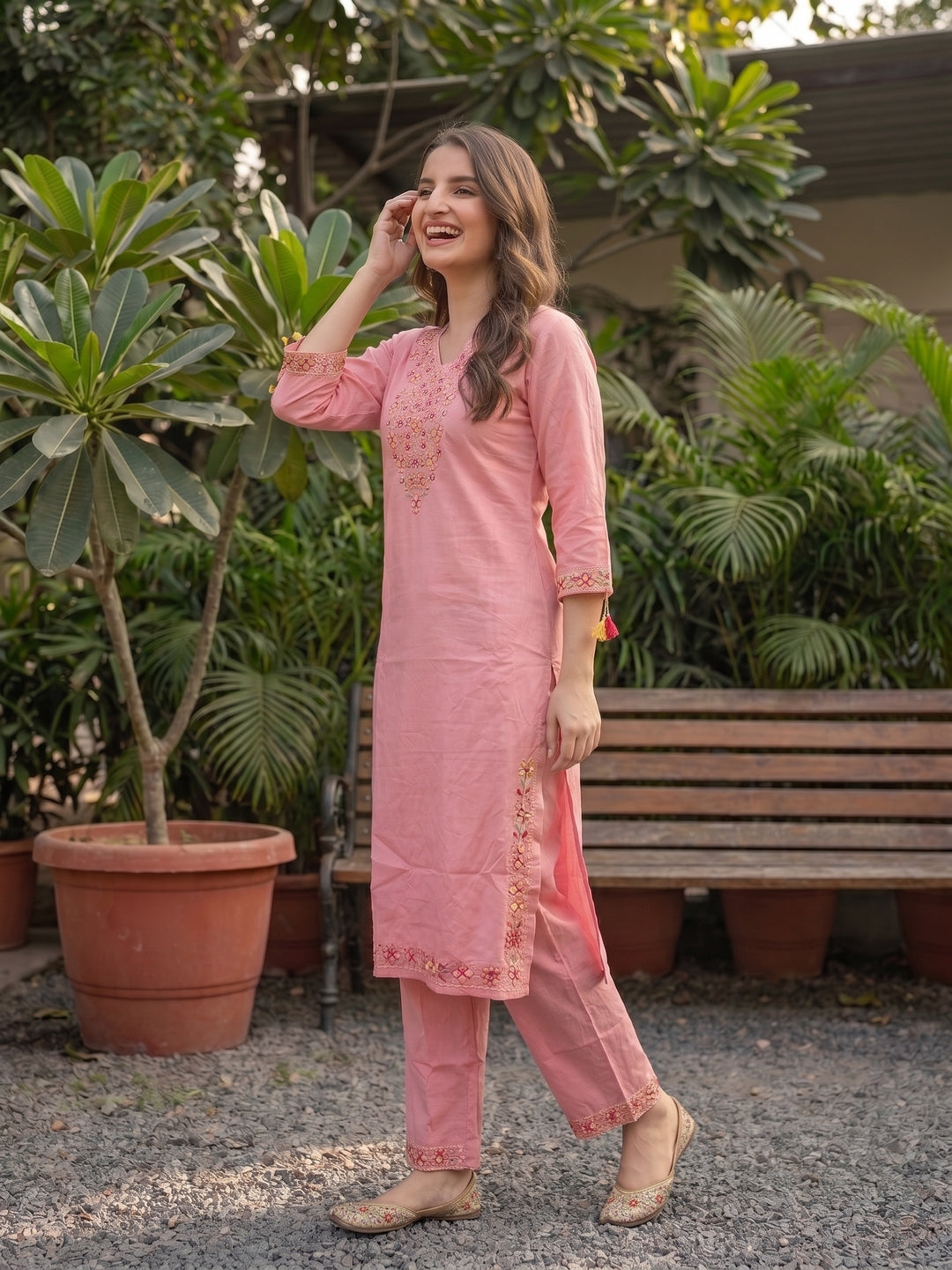 Solid Floral Embroidered Straight Kurta with Palazzo & Dupatta - Pink
