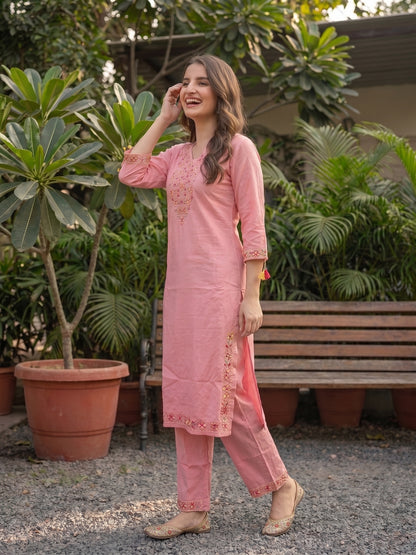 Solid Floral Embroidered Straight Kurta with Palazzo & Dupatta - Pink