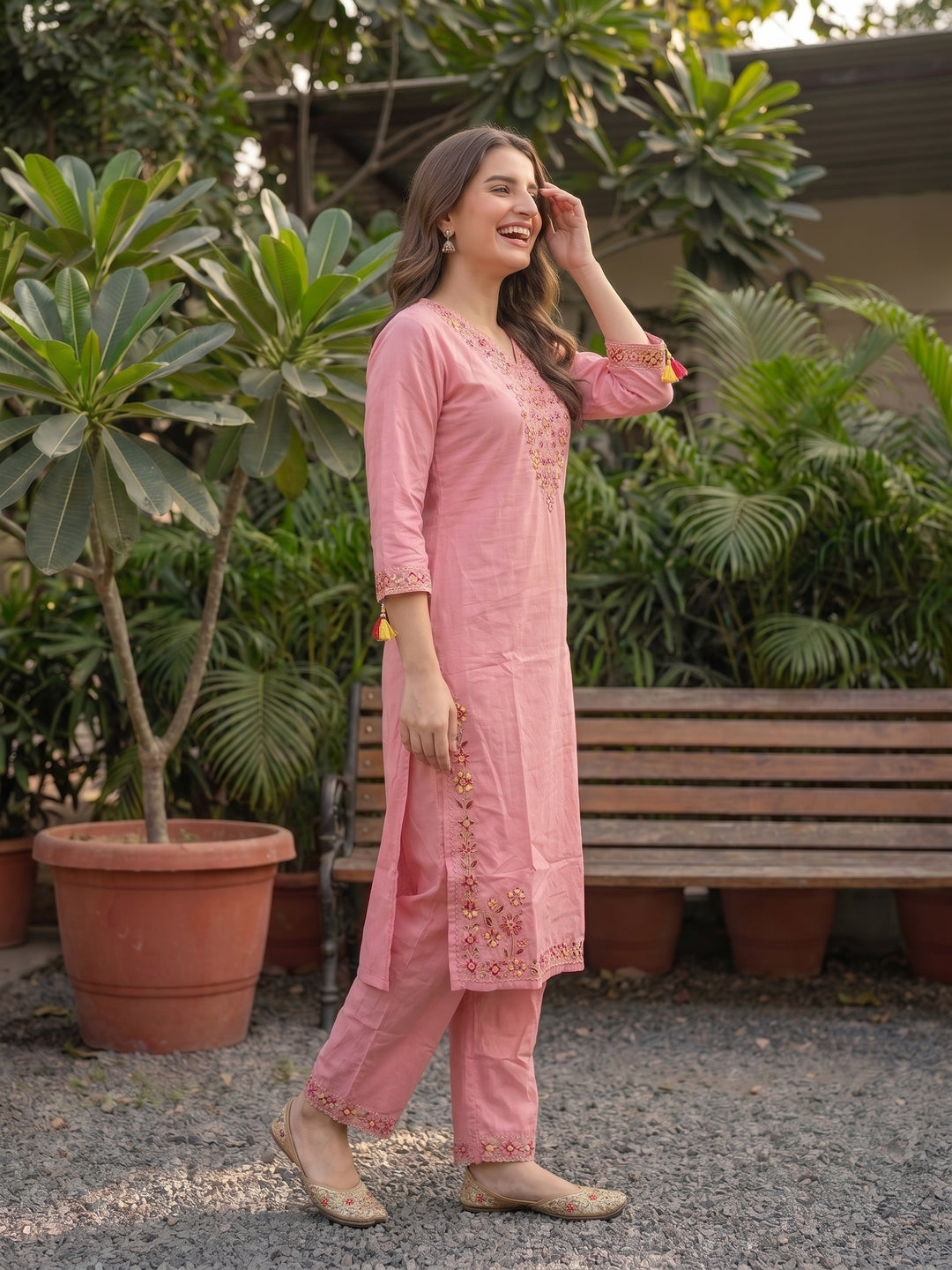 Solid Floral Embroidered Straight Kurta with Palazzo & Dupatta - Pink