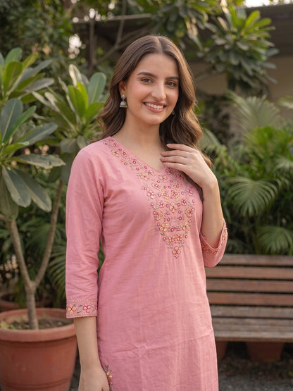 Solid Floral Embroidered Straight Kurta with Palazzo & Dupatta - Pink