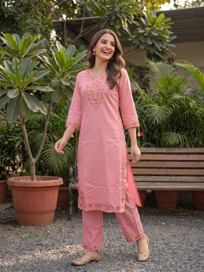 Solid Floral Embroidered Straight Kurta with Palazzo & Dupatta - Pink