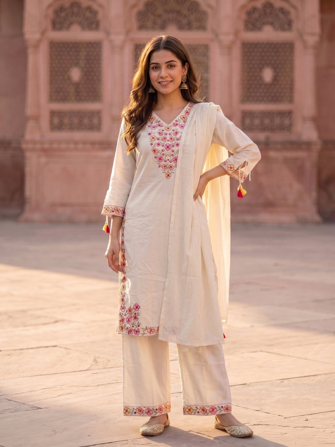Solid Floral Embroidered Straight Kurta with Palazzo & Dupatta - Off White