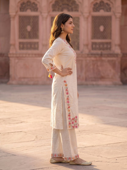 Solid Floral Embroidered Straight Kurta with Palazzo & Dupatta - Off White