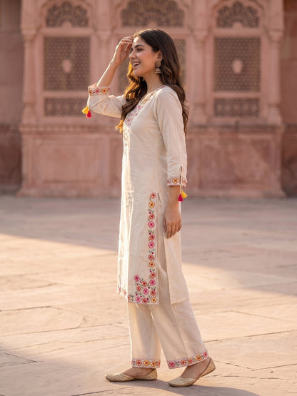 Solid Floral Embroidered Straight Kurta with Palazzo & Dupatta - Off White