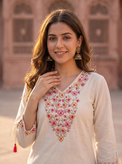 Solid Floral Embroidered Straight Kurta with Palazzo & Dupatta - Off White
