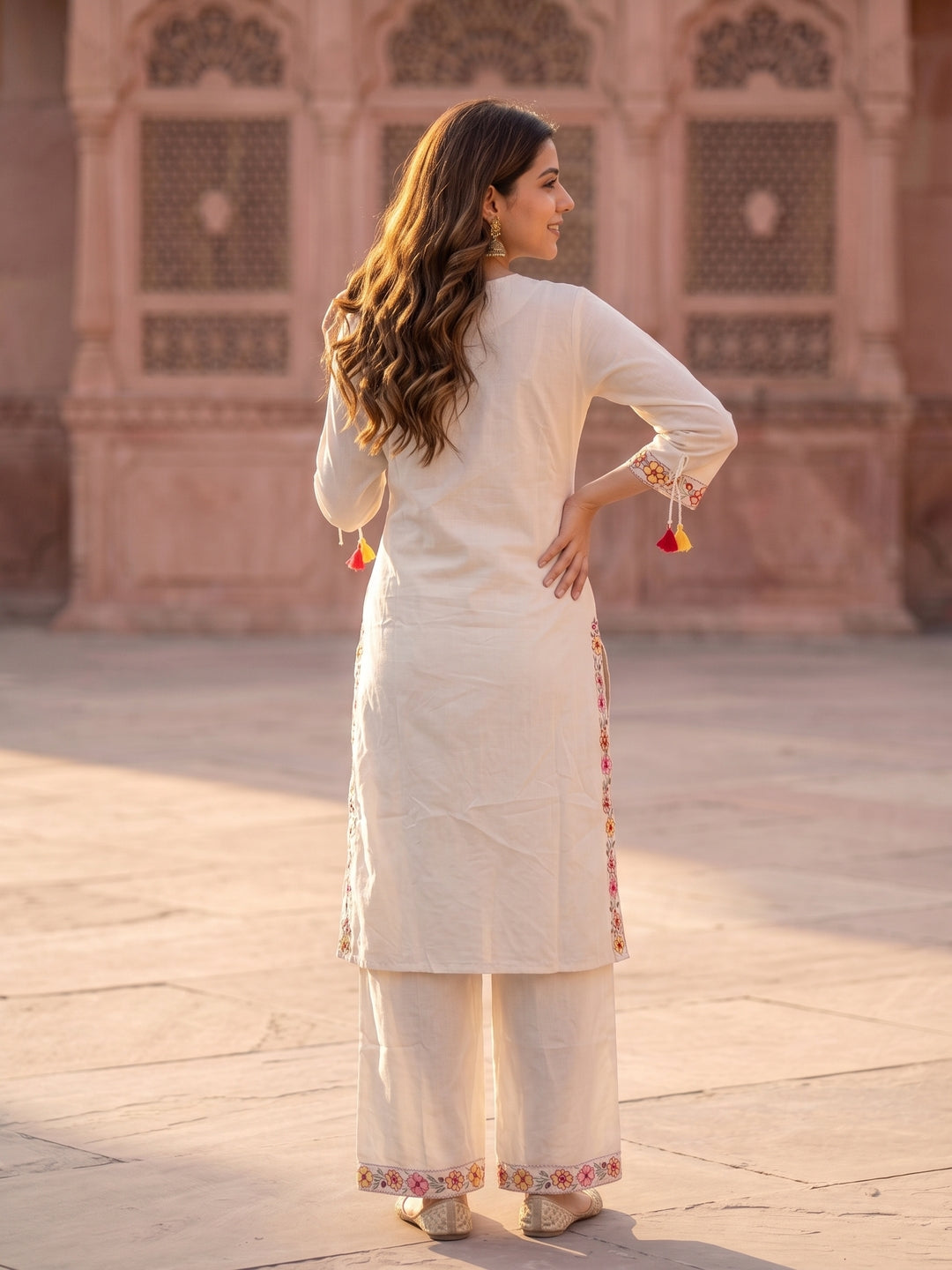 Solid Floral Embroidered Straight Kurta with Palazzo & Dupatta - Off White