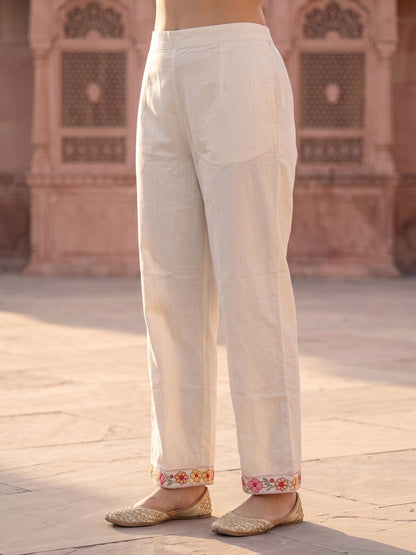 Solid Floral Embroidered Straight Kurta with Palazzo & Dupatta - Off White