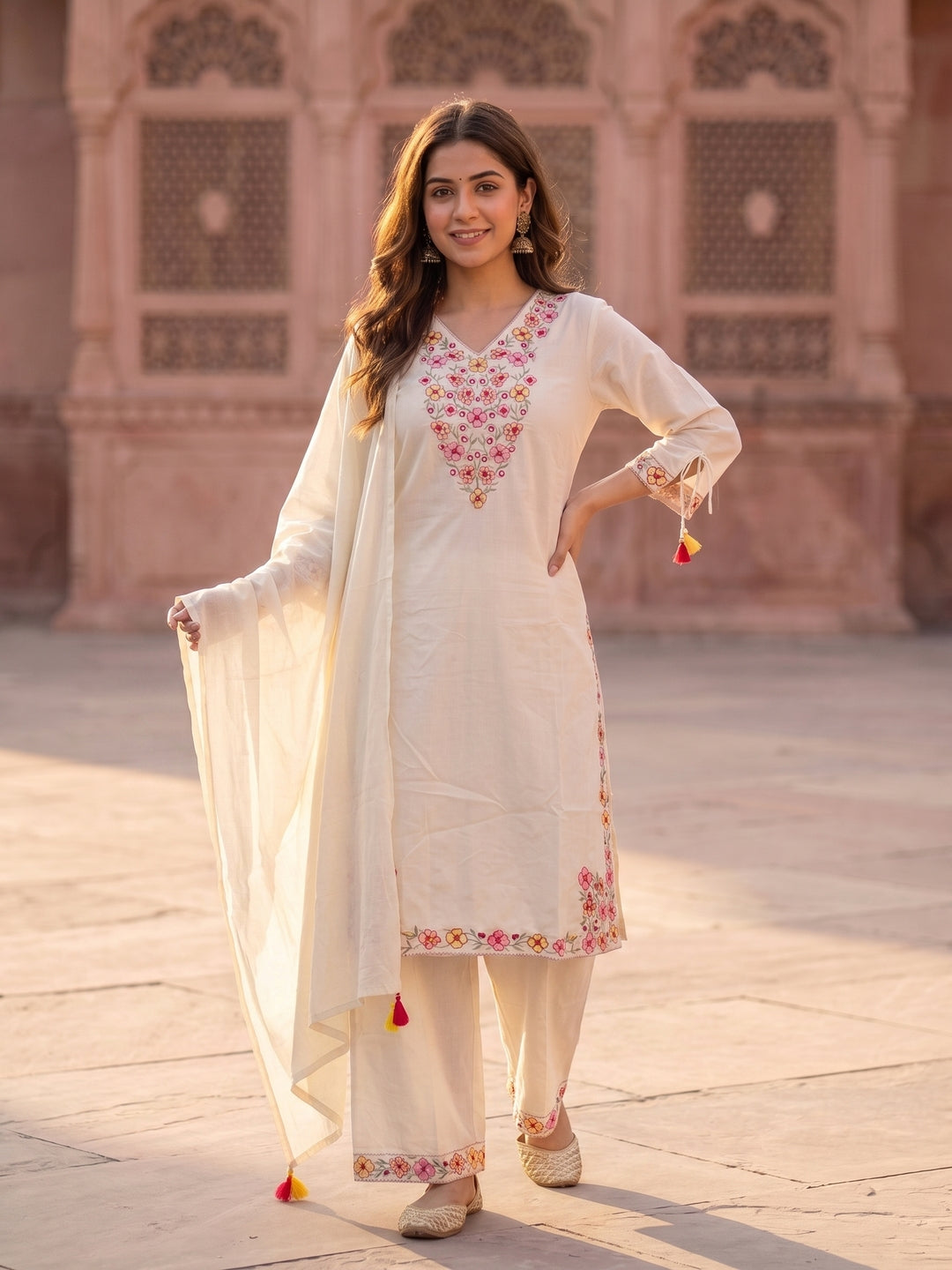 Solid Floral Embroidered Straight Kurta with Palazzo & Dupatta - Off White