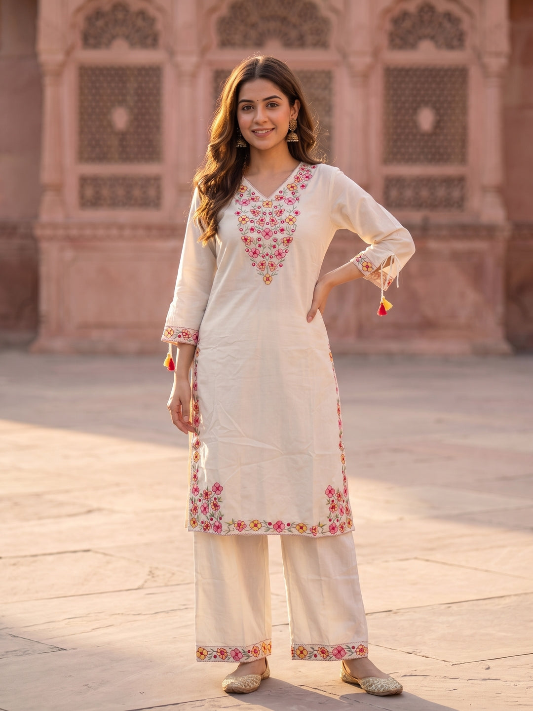 Solid Floral Embroidered Straight Kurta with Palazzo & Dupatta - Off White