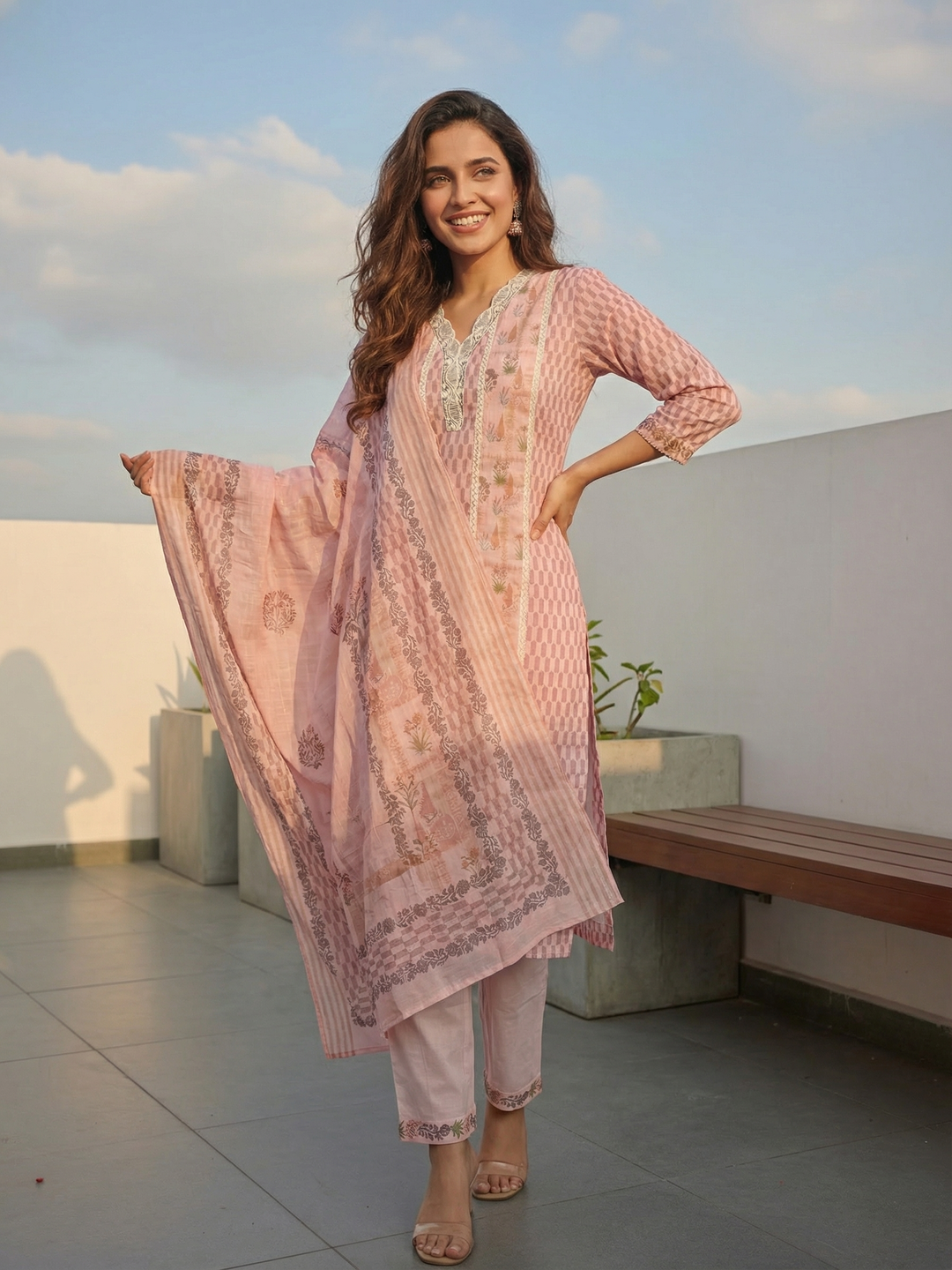 Ethnic Print Paneled Lace Straight Kurta with Pant and Dupatta - Mauve