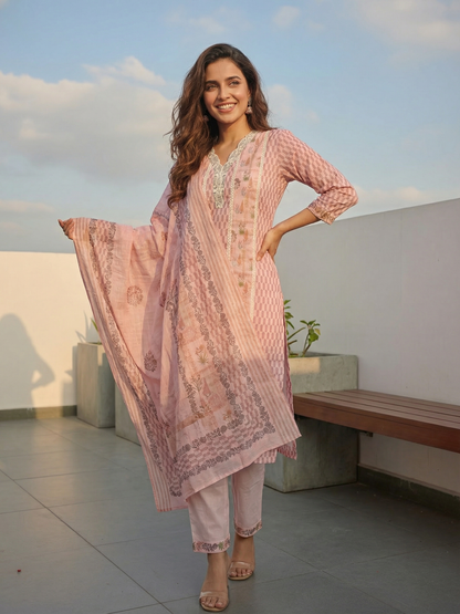Ethnic Print Paneled Lace Straight Kurta with Pant and Dupatta - Mauve
