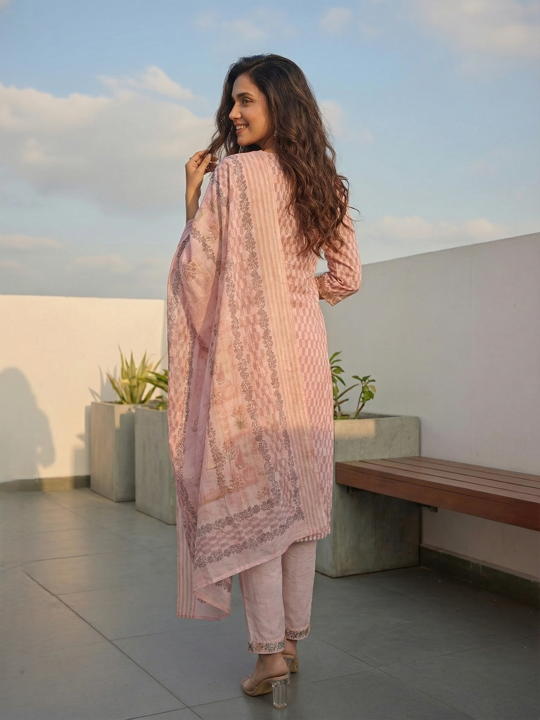 Ethnic Print Paneled Lace Straight Kurta with Pant and Dupatta - Mauve