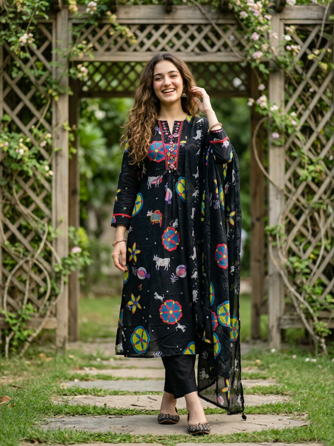 Folk Print Embroidered Straight Kurta with Pant and Dupatta - Black Multi