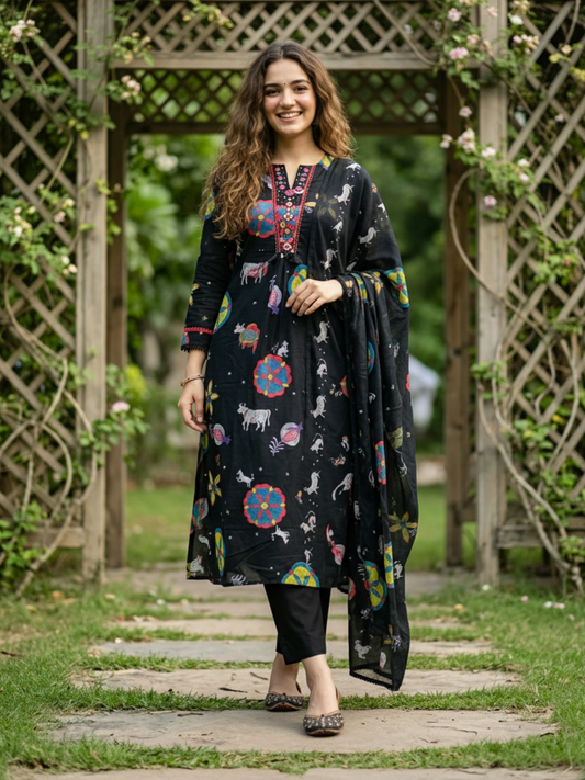 Folk Print Embroidered Straight Kurta with Pant and Dupatta - Black Multi