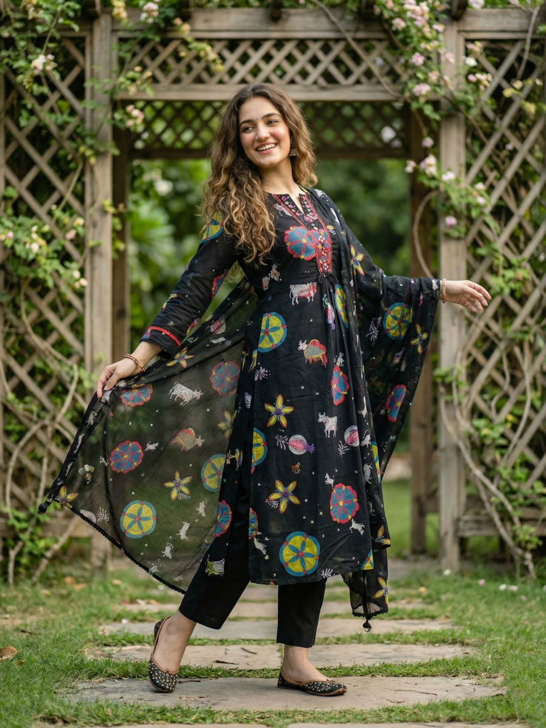 Folk Print Embroidered Straight Kurta with Pant and Dupatta - Black Multi