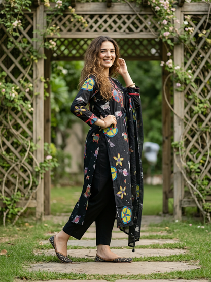 Folk Print Embroidered Straight Kurta with Pant and Dupatta - Black Multi