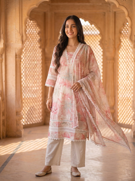 Floral Printed Straight Kurta with Pant & Hand Painted Dupatta - Pink