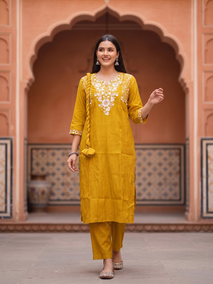 Solid Embroidered A-Line Kurta with Pant & Dupatta - Mustard