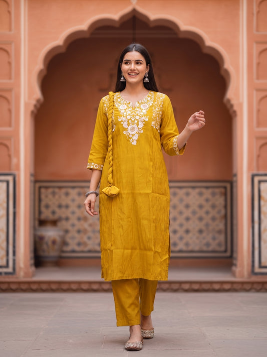 Solid Embroidered A-Line Kurta with Pant & Dupatta - Mustard