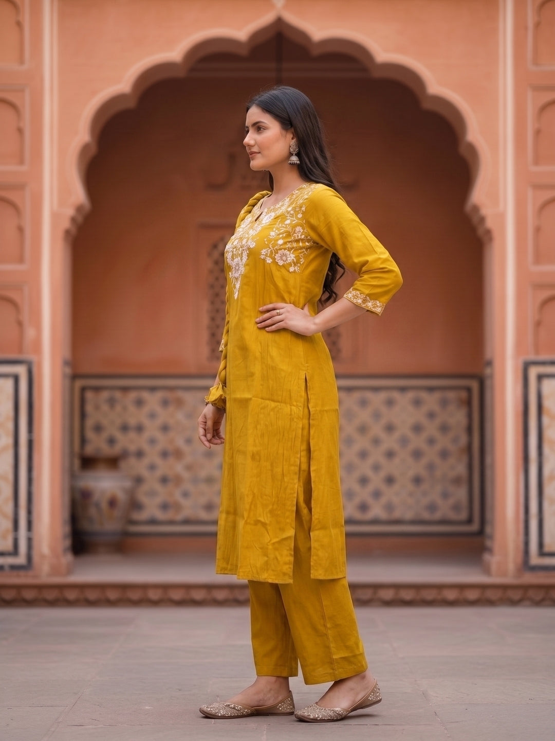 Solid Embroidered A-Line Kurta with Pant & Dupatta - Mustard