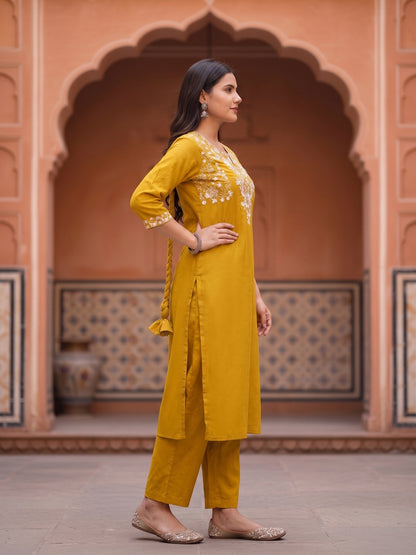 Solid Embroidered A-Line Kurta with Pant & Dupatta - Mustard