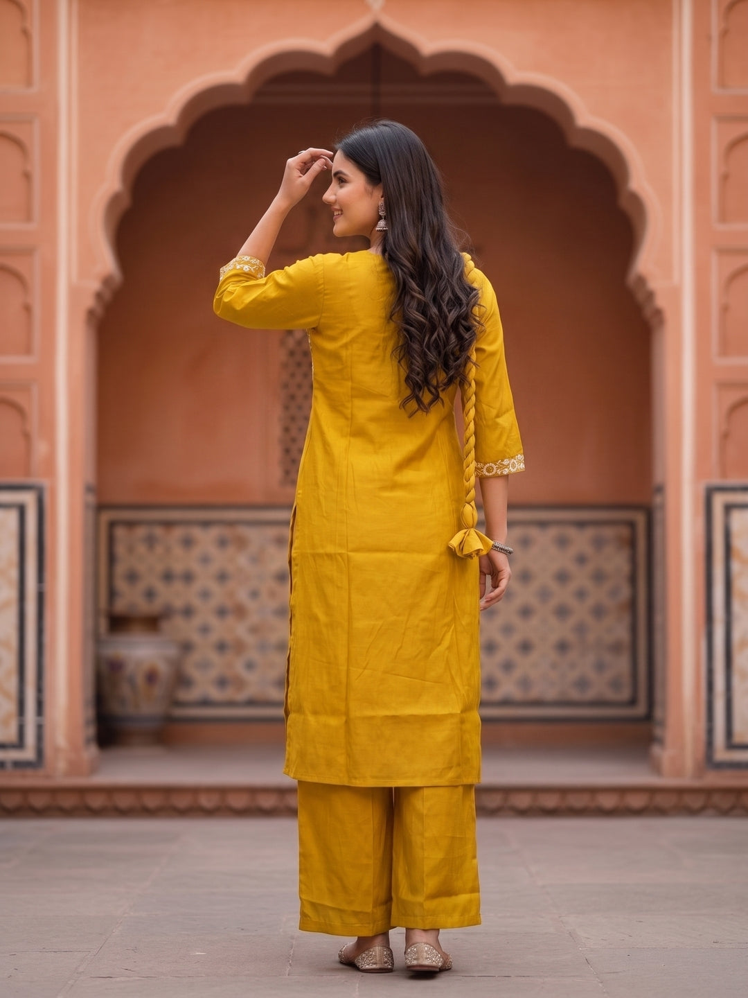 Solid Embroidered A-Line Kurta with Pant & Dupatta - Mustard