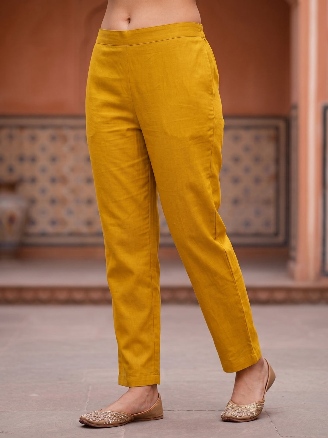 Solid Embroidered A-Line Kurta with Pant & Dupatta - Mustard