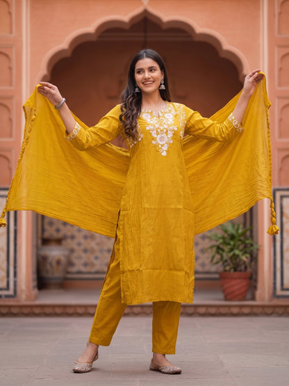 Solid Embroidered A-Line Kurta with Pant & Dupatta - Mustard