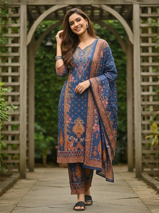 Ethnic Floral Printed Straight Kurta with Pant & Dupatta - Navy Blue