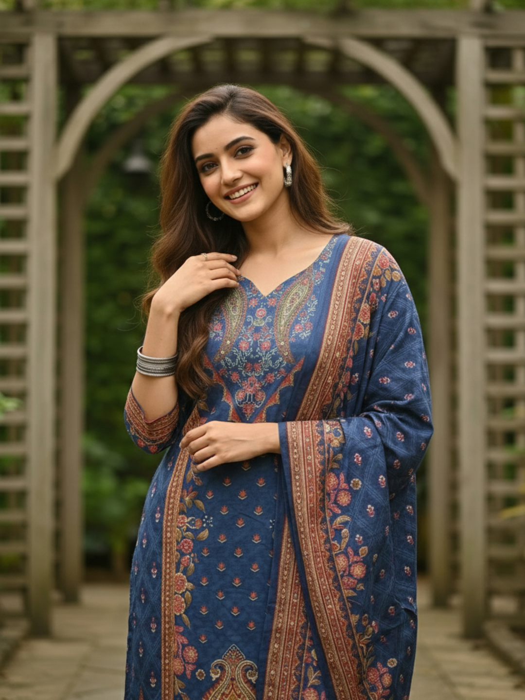 Ethnic Floral Printed Straight Kurta with Pant & Dupatta - Navy Blue