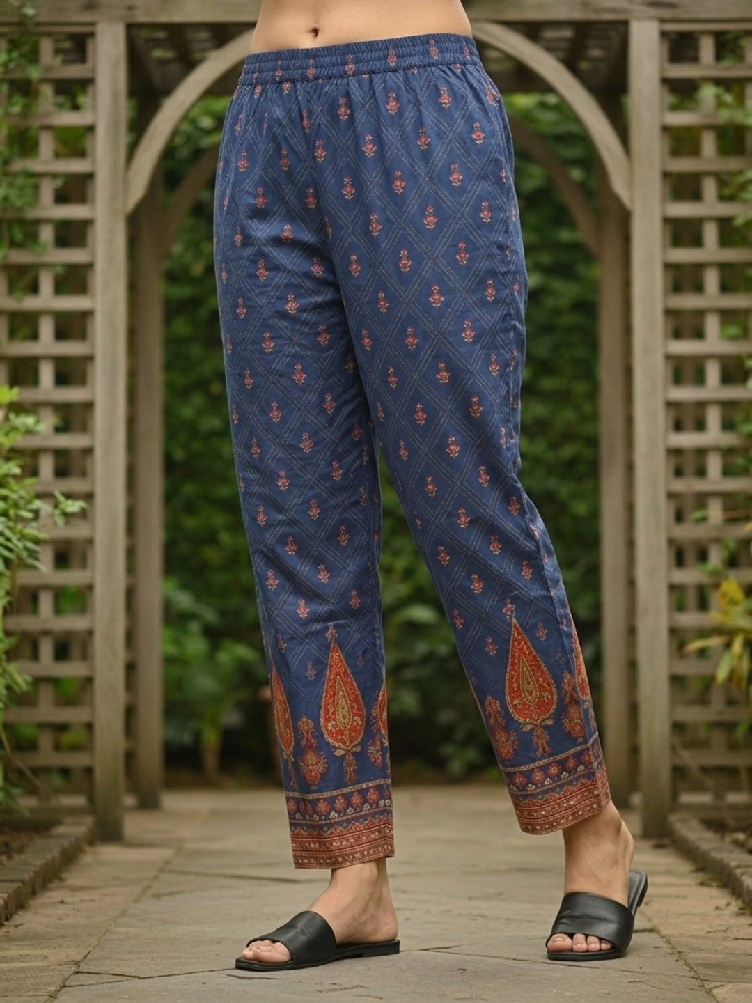 Ethnic Floral Printed Straight Kurta with Pant & Dupatta - Navy Blue