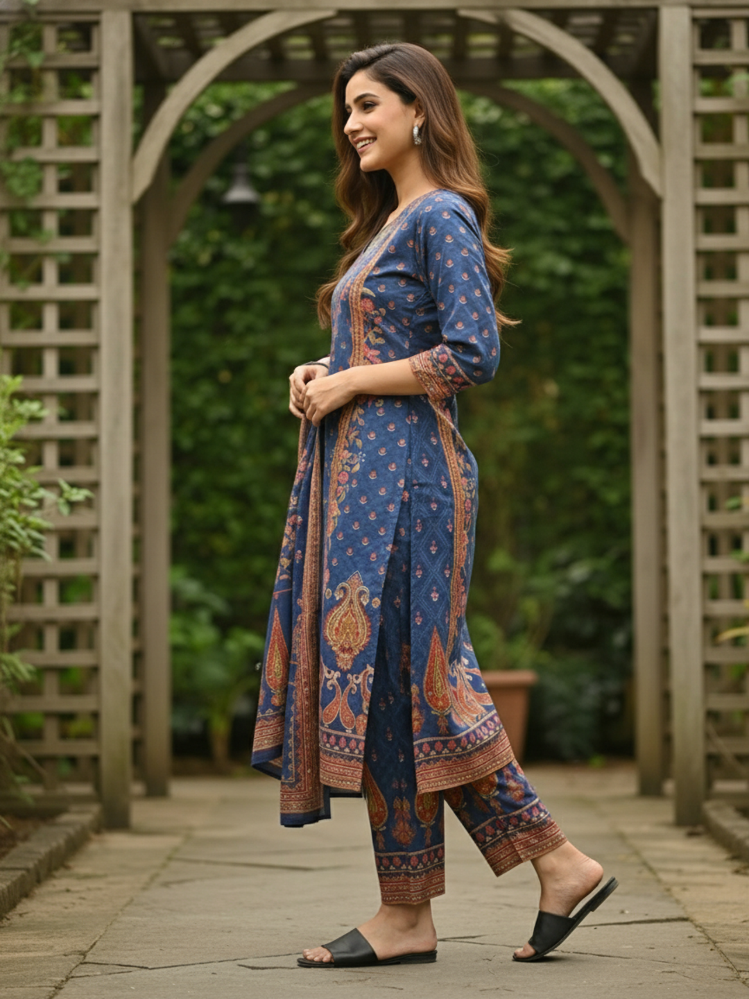 Ethnic Floral Printed Straight Kurta with Pant & Dupatta - Navy Blue