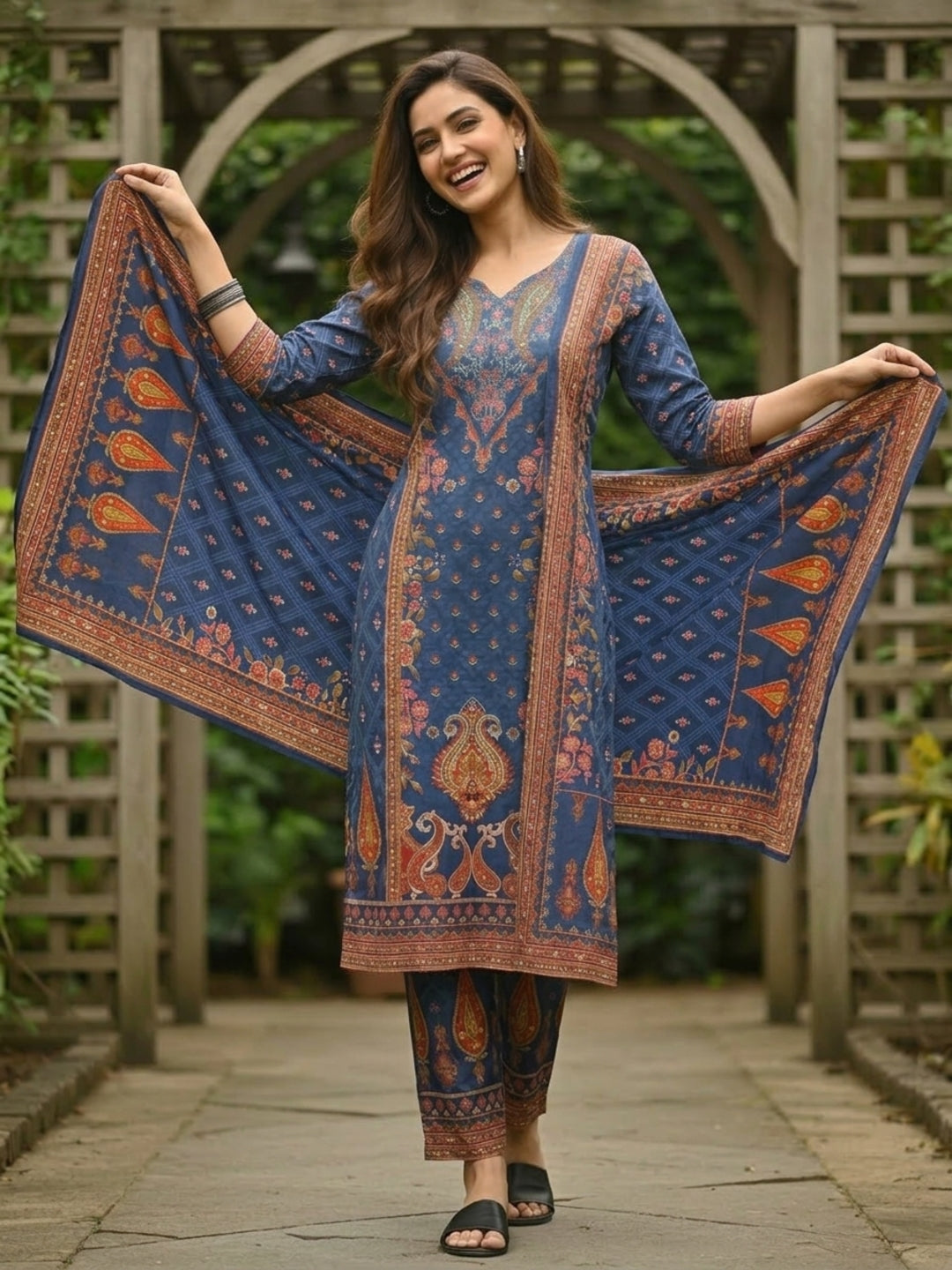 Ethnic Floral Printed Straight Kurta with Pant & Dupatta - Navy Blue