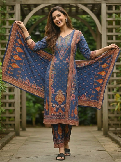 Ethnic Floral Printed Straight Kurta with Pant & Dupatta - Navy Blue
