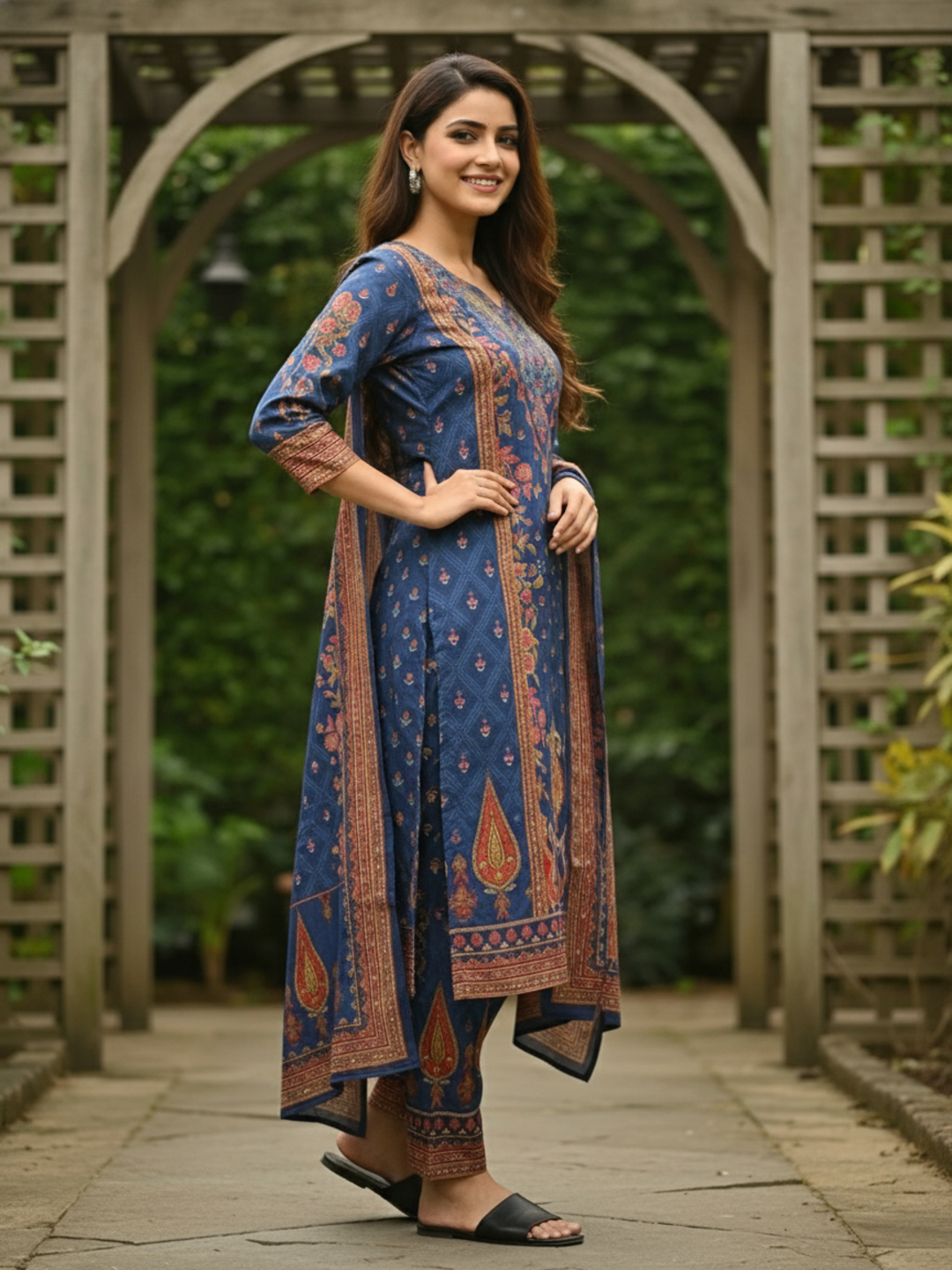 Ethnic Floral Printed Straight Kurta with Pant & Dupatta - Navy Blue