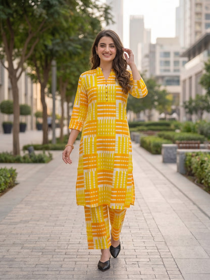 Geometric Print Straight Kurta with Pant - Yellow White