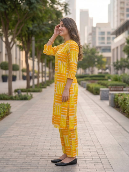 Geometric Print Straight Kurta with Pant - Yellow White