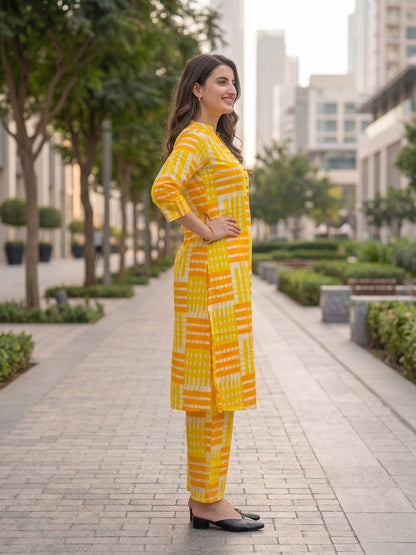 Geometric Print Straight Kurta with Pant - Yellow White