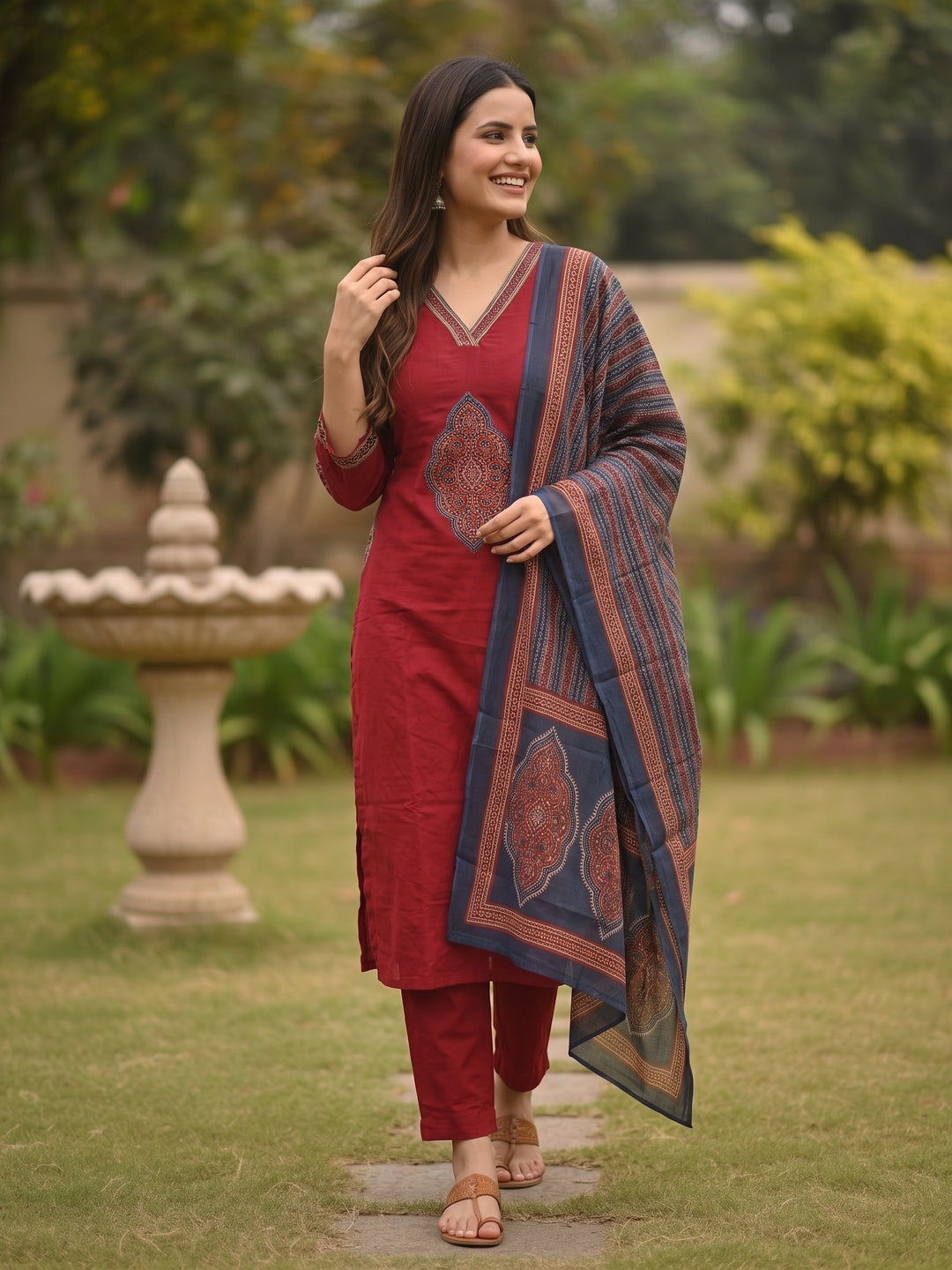 Ethnic Patchwork Solid Straight Kurta with Pant & Printed Dupatta - Maroon