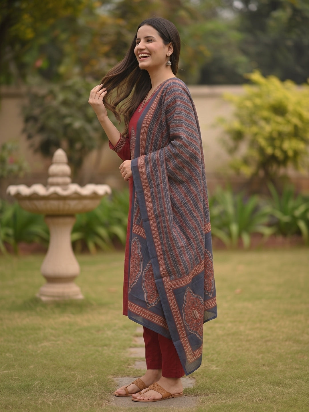 Ethnic Patchwork Solid Straight Kurta with Pant & Printed Dupatta - Maroon