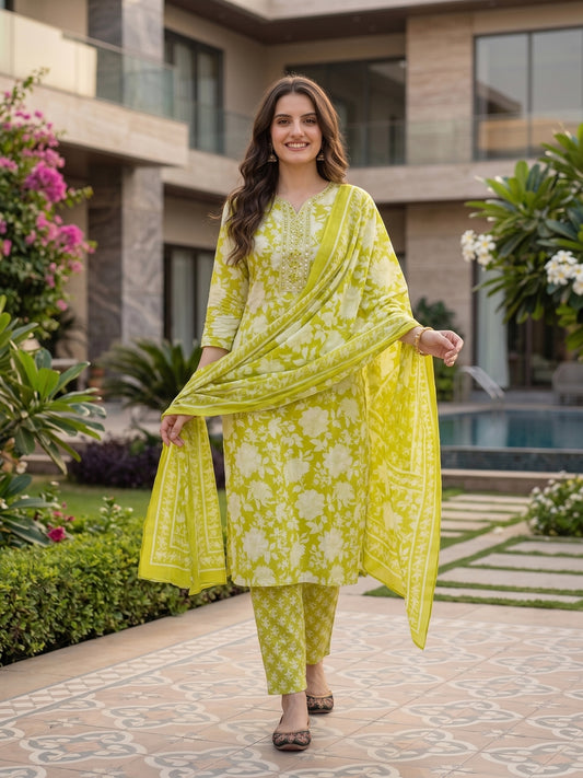 Ethnic Floral Printed Embroidered Straight Fit Kurta with Pant and Dupatta - Green