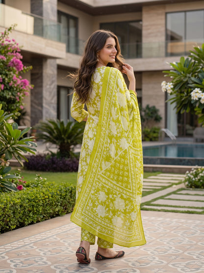 Ethnic Floral Printed Embroidered Straight Fit Kurta with Pant and Dupatta - Green