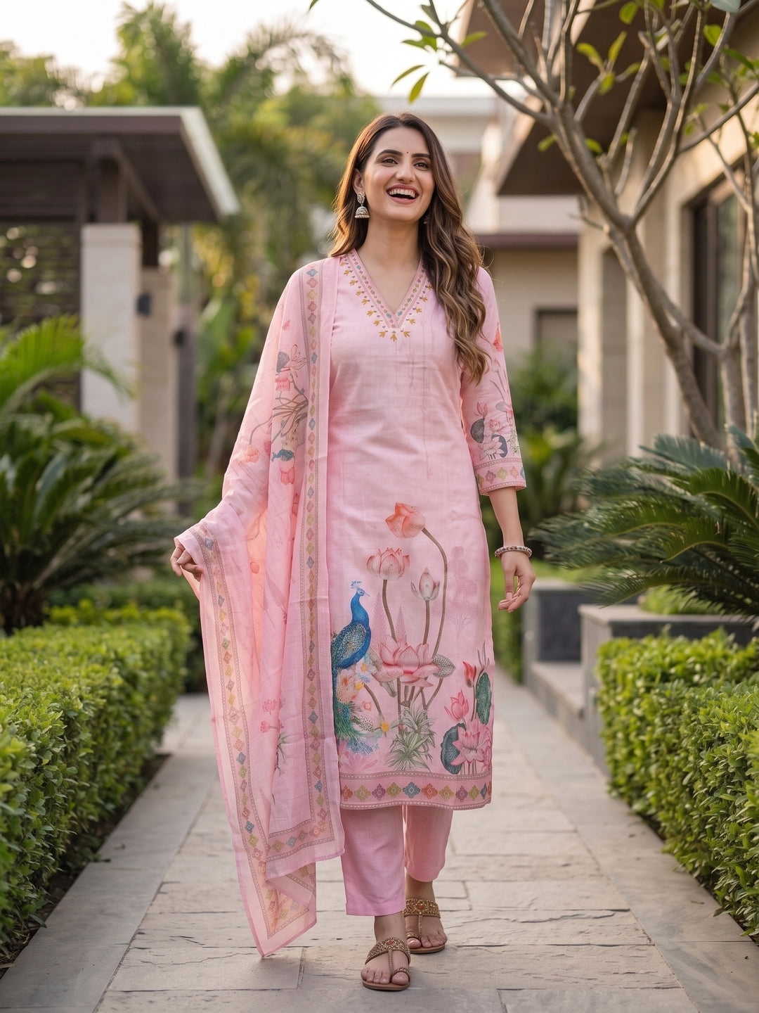 Floral & Peacock Digital Print Straight Kurta with Pant and Dupatta - Blush Pink
