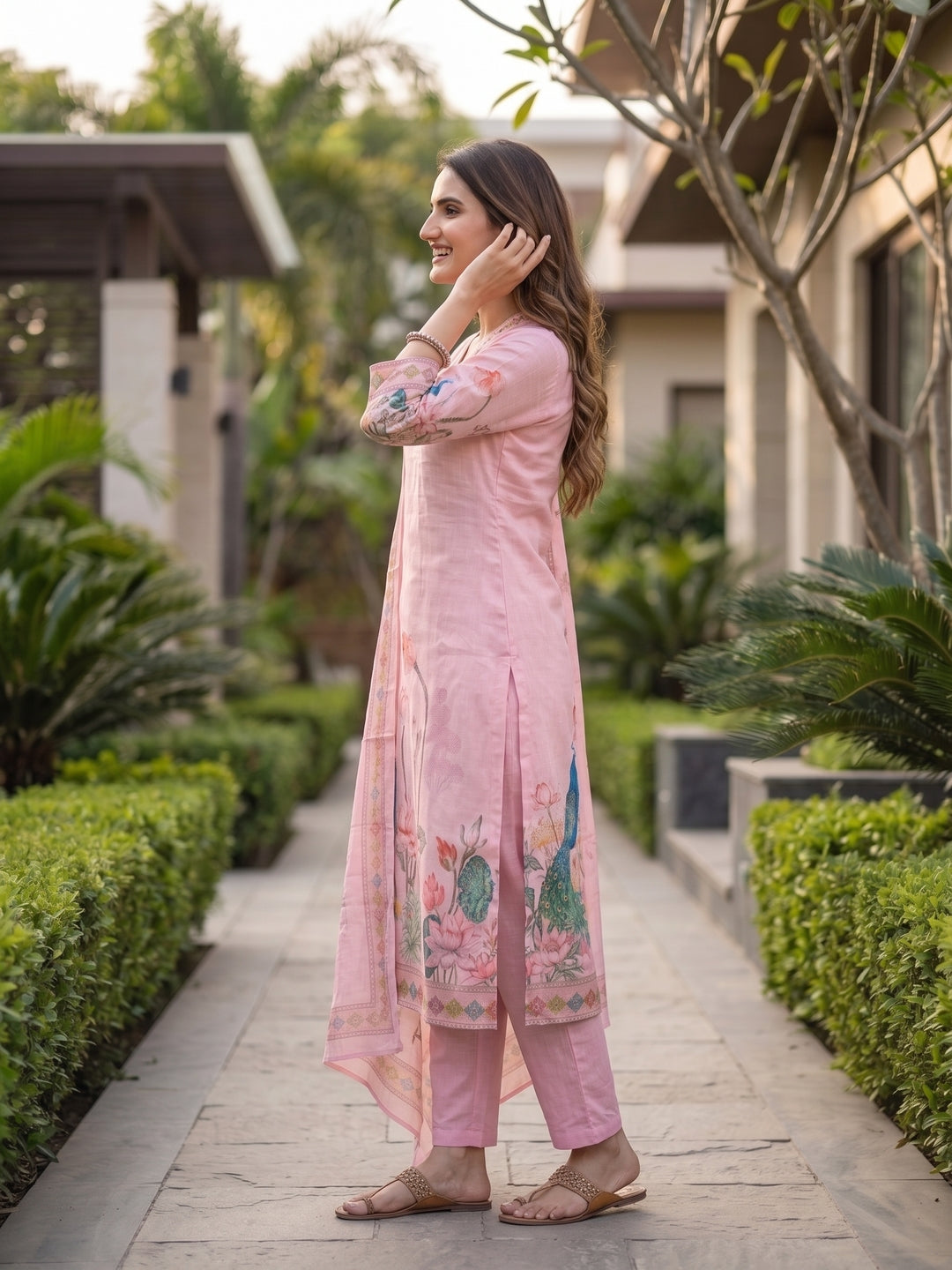 Floral & Peacock Digital Print Straight Kurta with Pant and Dupatta - Blush Pink